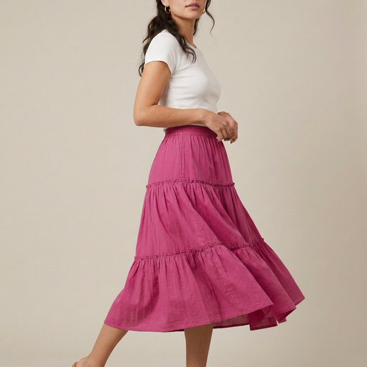 Sea Green Tiered Cotton Midi Skirt