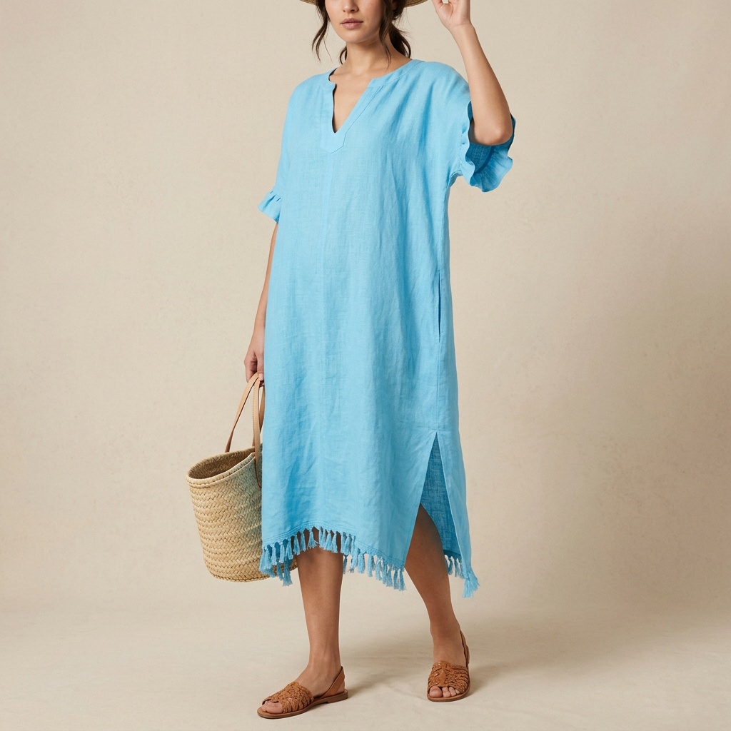 Aqua Blue Linen Beach Kaftan