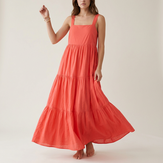 Coral Tiered Cotton Maxi Dress