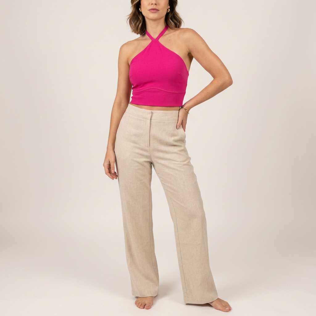 Fuchsia Pink Cropped Halter Top