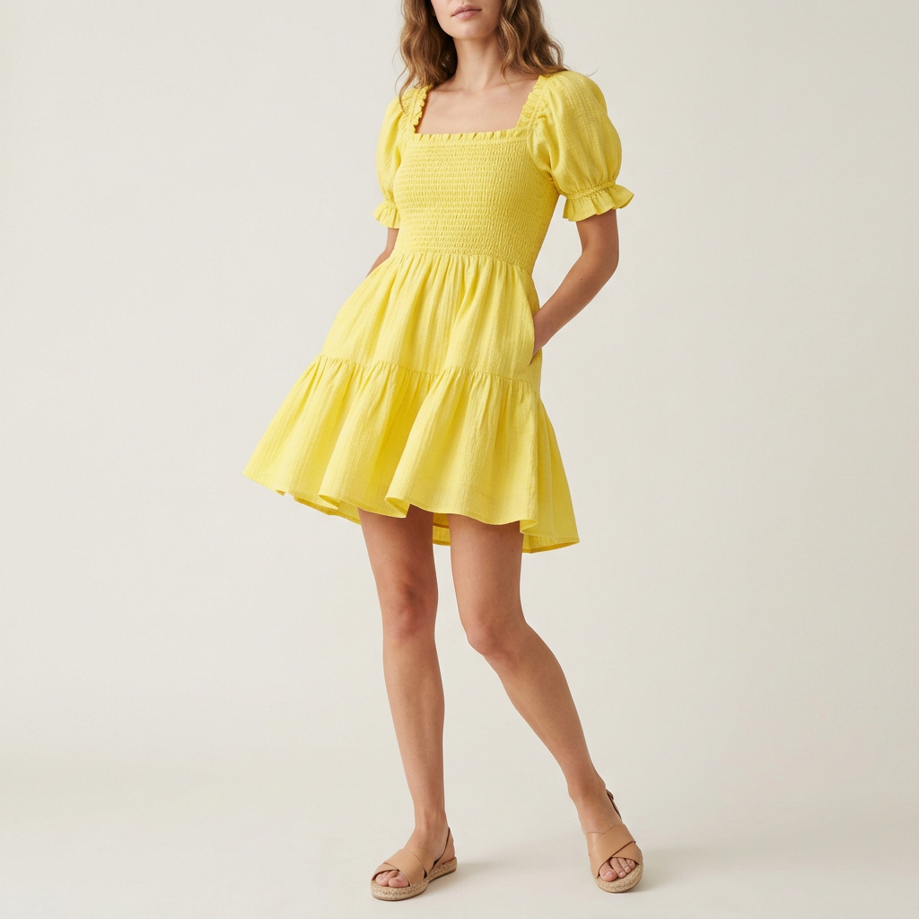 Lemon Yellow Smocked Mini Dress