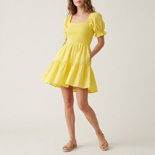 Lemon Yellow Smocked Mini Dress