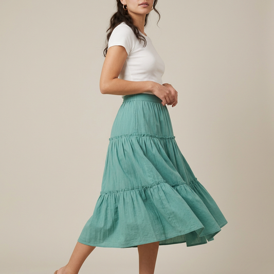 Sea Green Tiered Cotton Midi Skirt